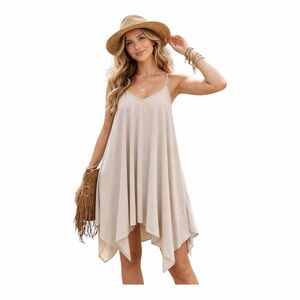 L&B Women’s Swing Tank Dress High Low Handkerchief Hem Spaghetti Strap A-Line M